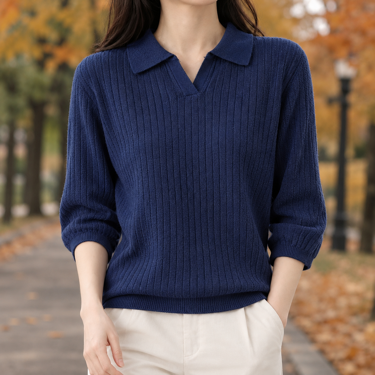 Cecilia-Grace Polo Collar Sweater - Navy Blue
