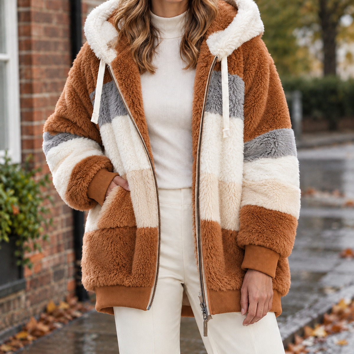 Letitia Colorblock Teddy Jacket - Caramel Brown