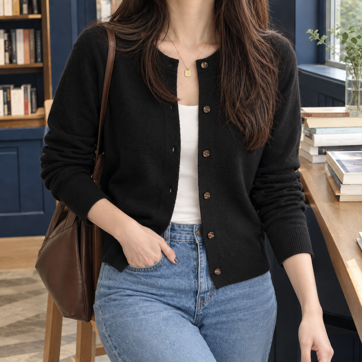 Amelia Crew Neck Cardigan - Black