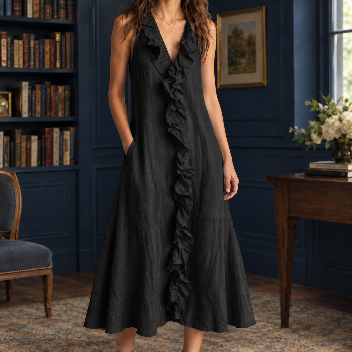 Ghislaine Ruffle Midi Dress - Black