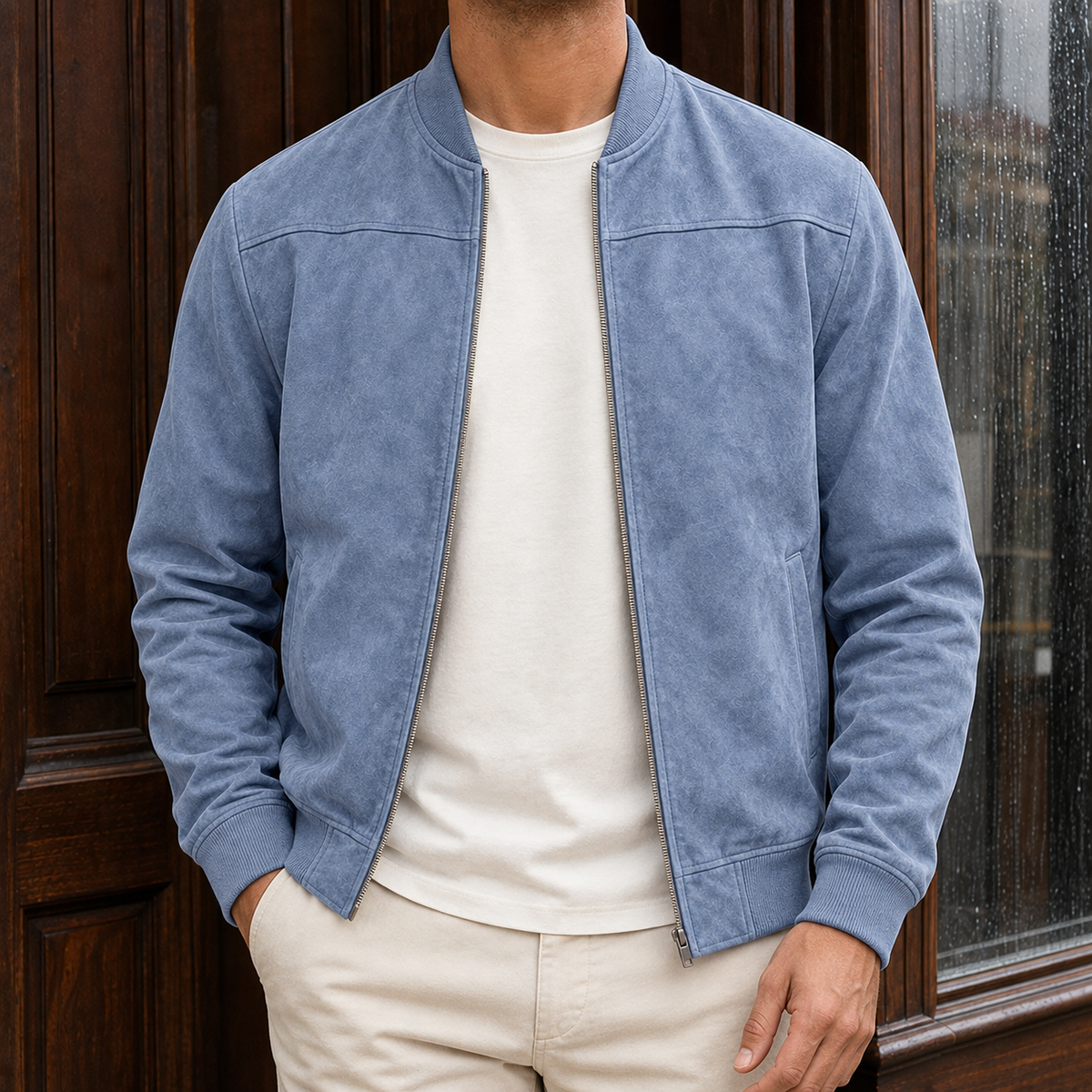Byron Suede Bomber Jacket - Light Blue