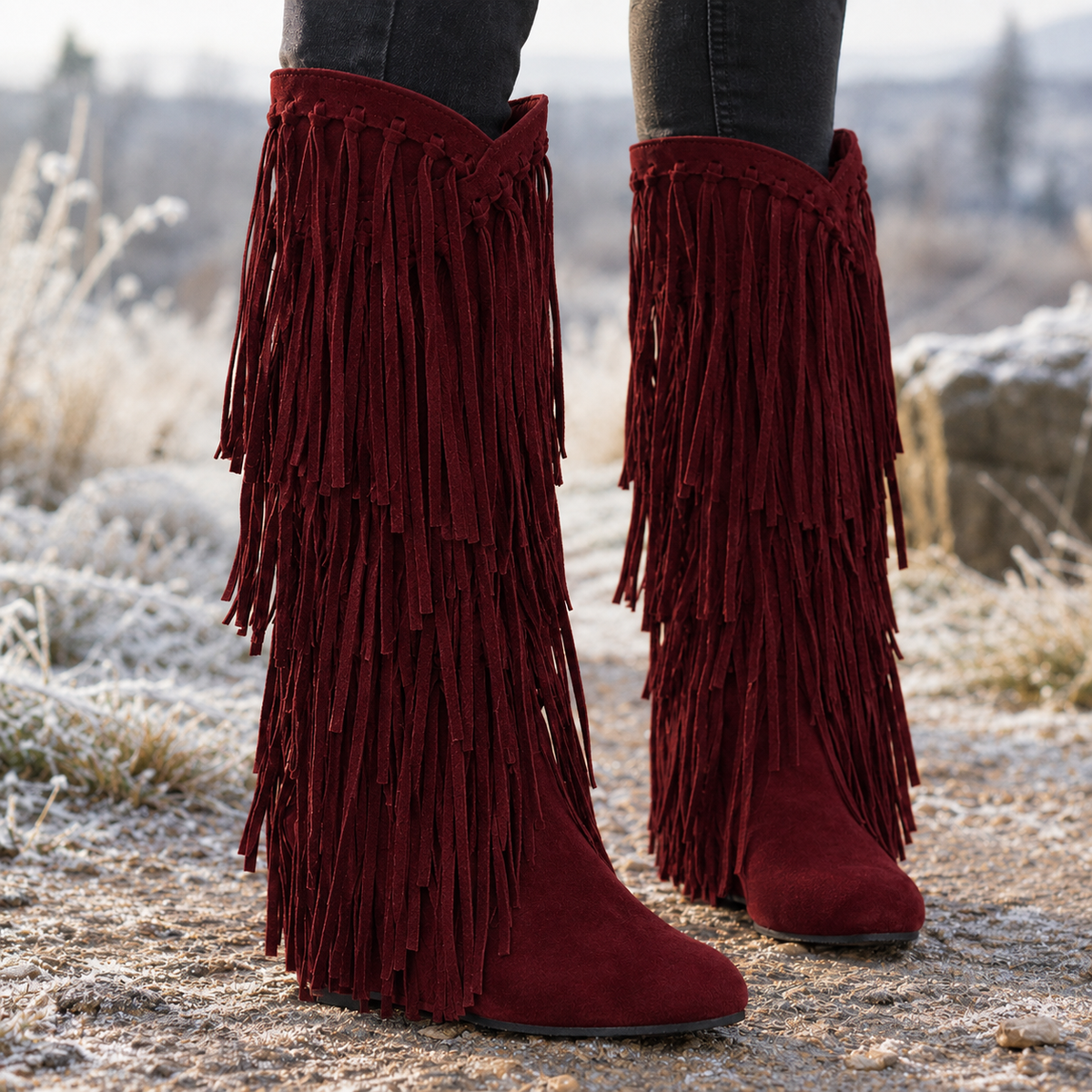 Olivetti Fringe Boots - Wine Red