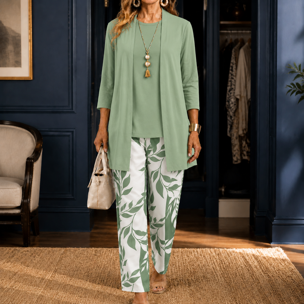 Petra Botanical Pants Set - Green & White