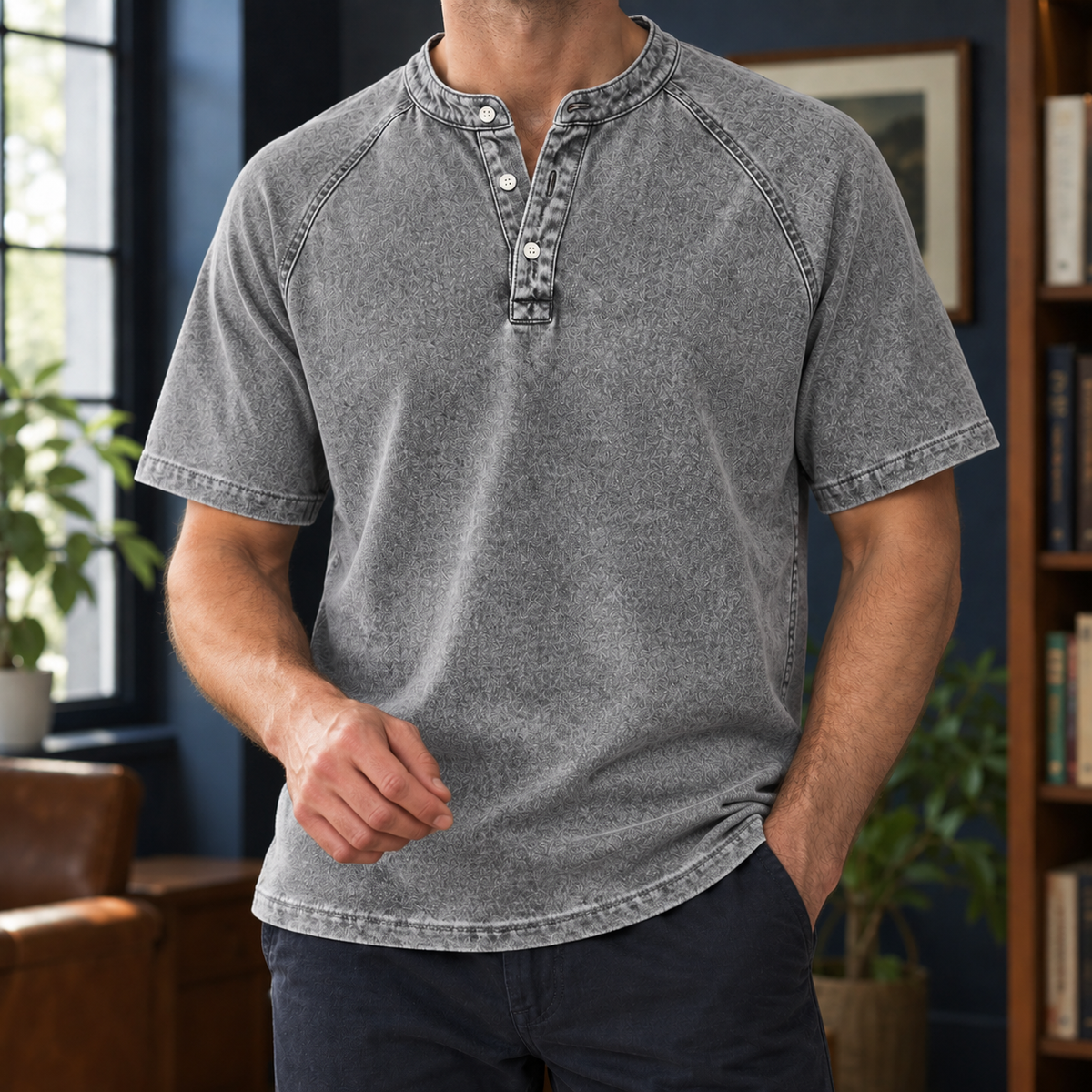 Armand Washed Henley - Gray