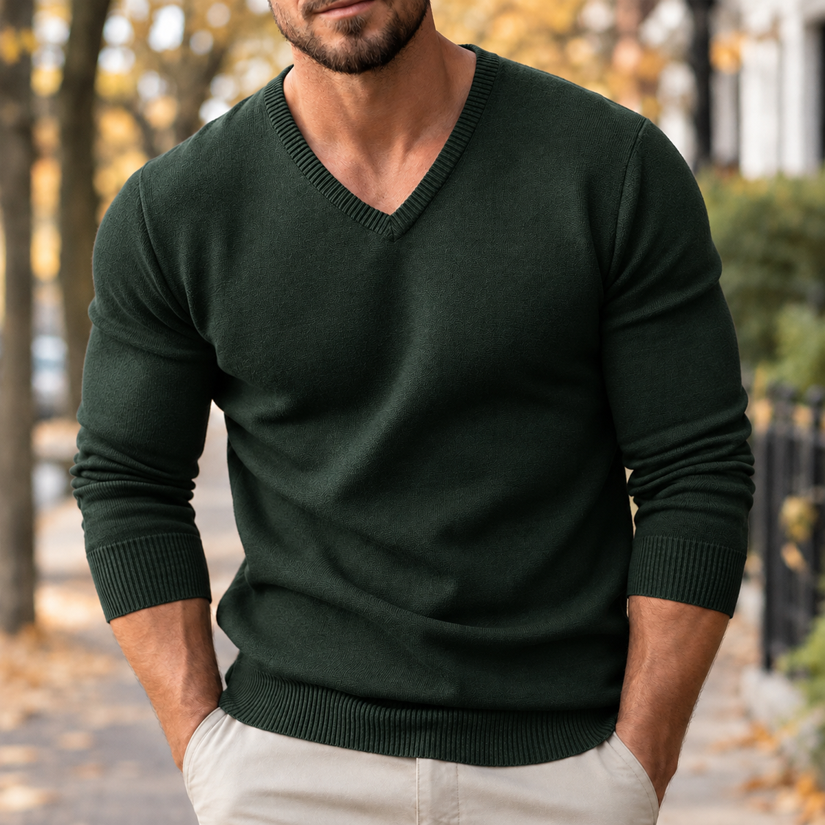Benjamin V Neck Sweater - Army Green
