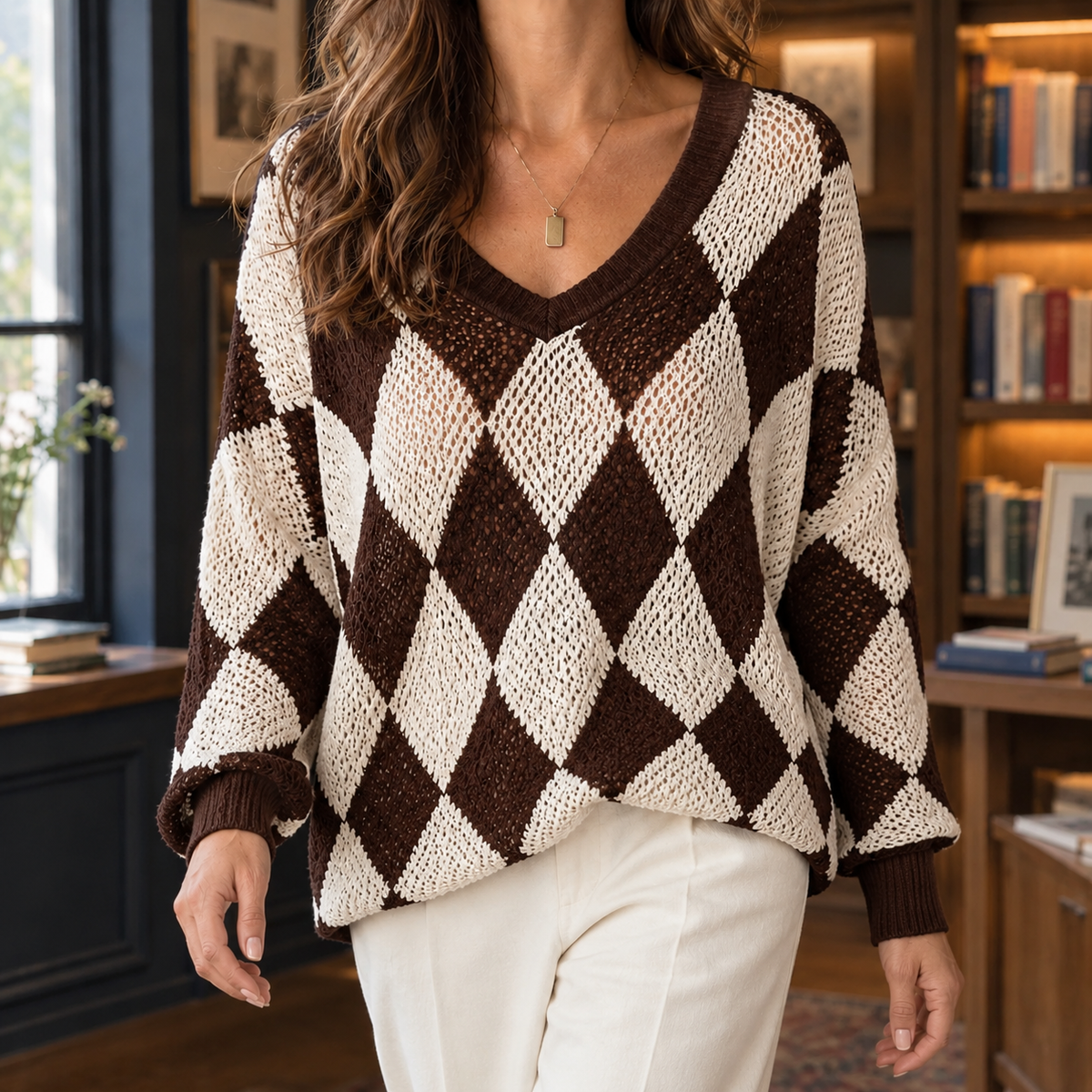 Arletta Argyle Sweater - Dark Brown