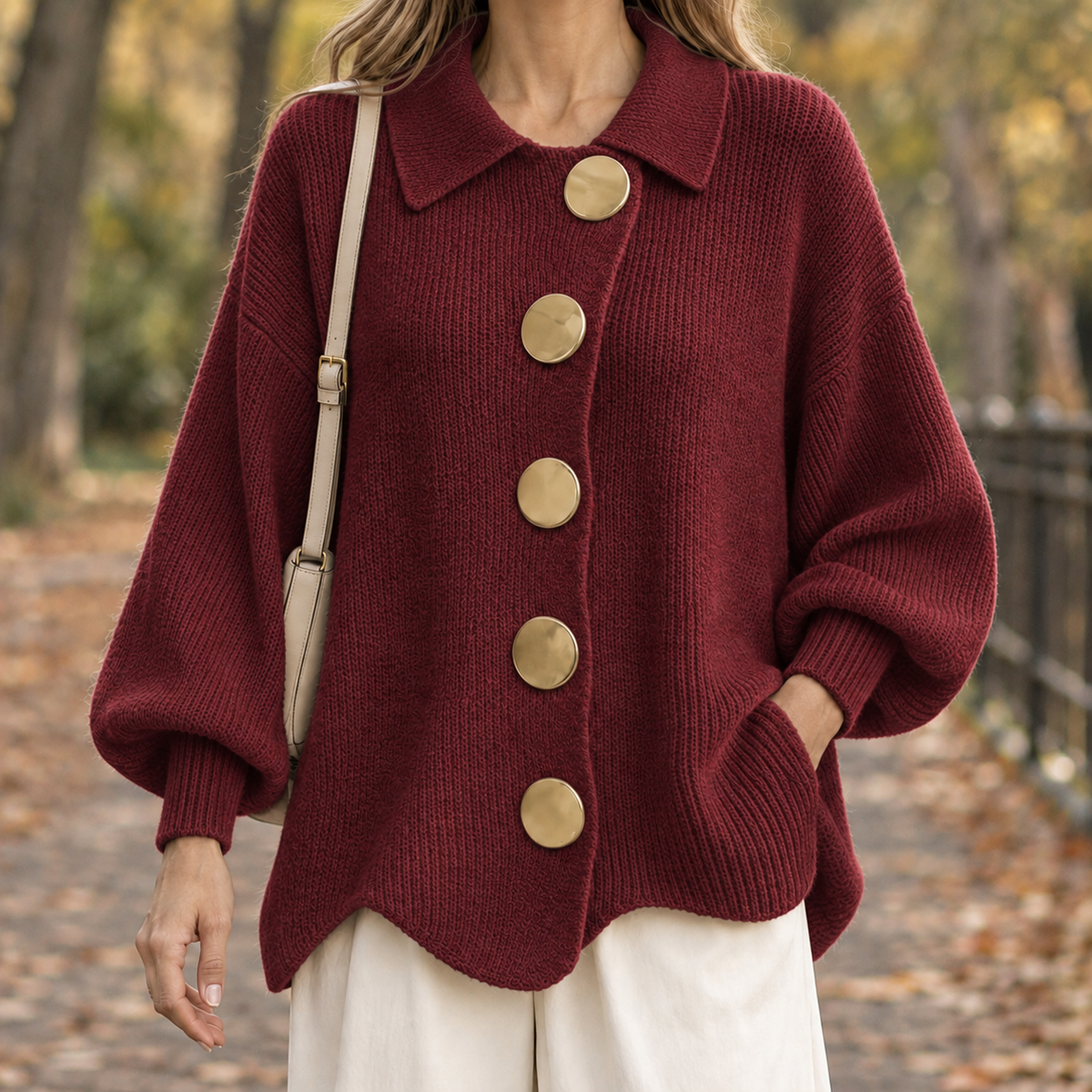 Gwendolyn-Lane Button Front Cardigan - Wine Red