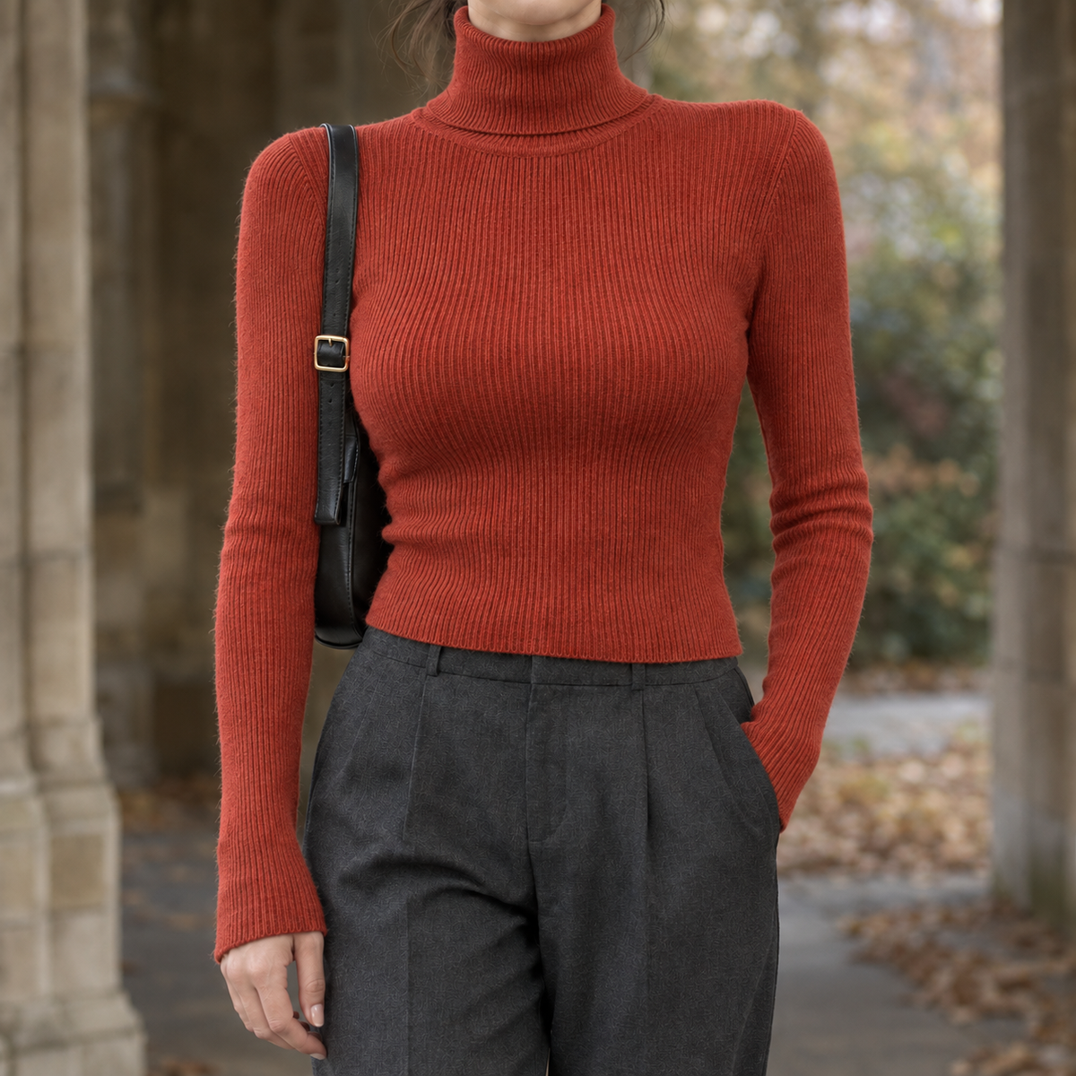 Caroline Ribbed Turtleneck - Brick Red