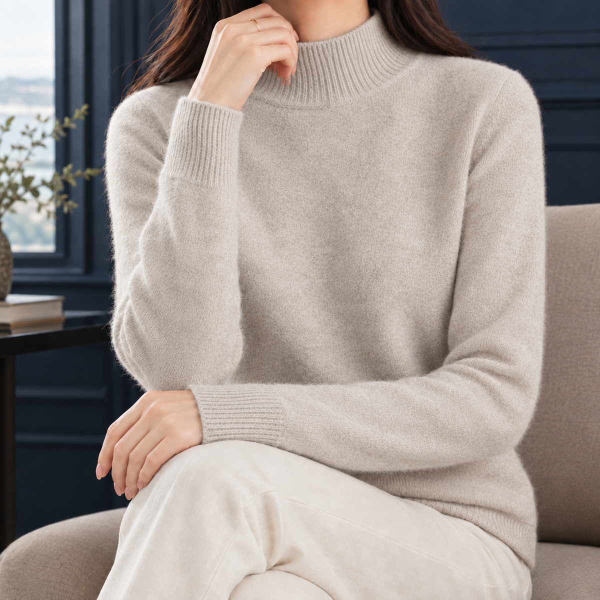 Kelsey Mock Neck Sweater - Light Beige