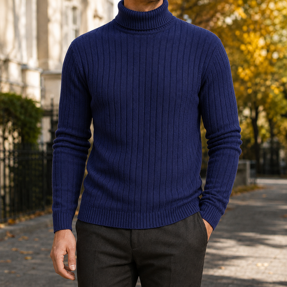 Mortimer Ribbed Turtleneck Sweater - Navy Blue