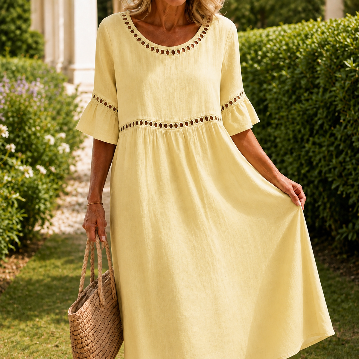 Seraphina Eyelet Midi Dress - Pastel Yellow