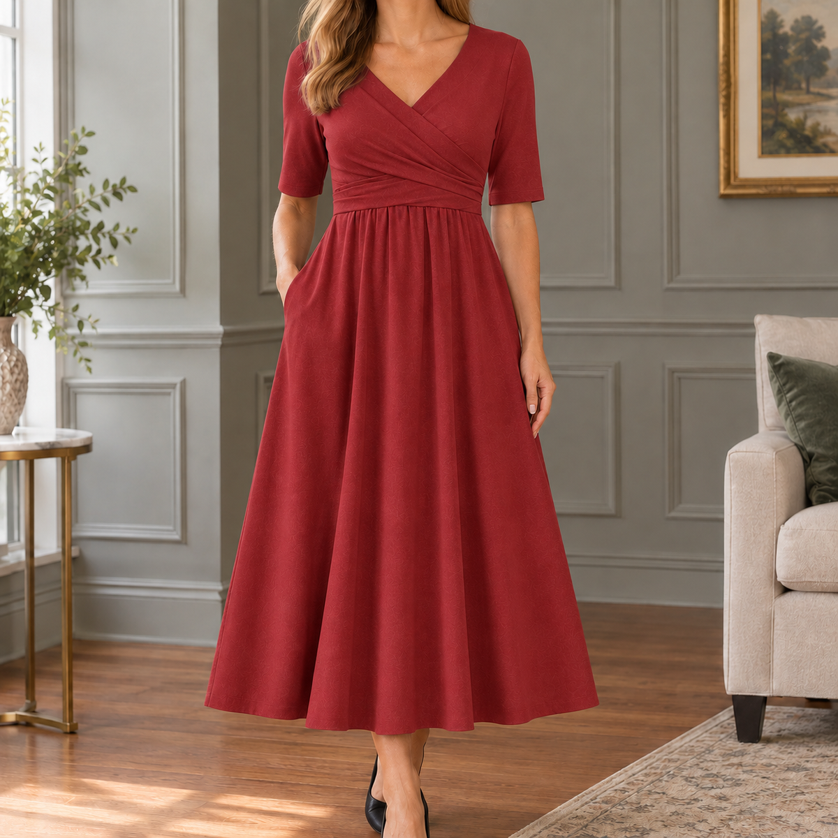 Heloise Wrap Midi Dress - Red
