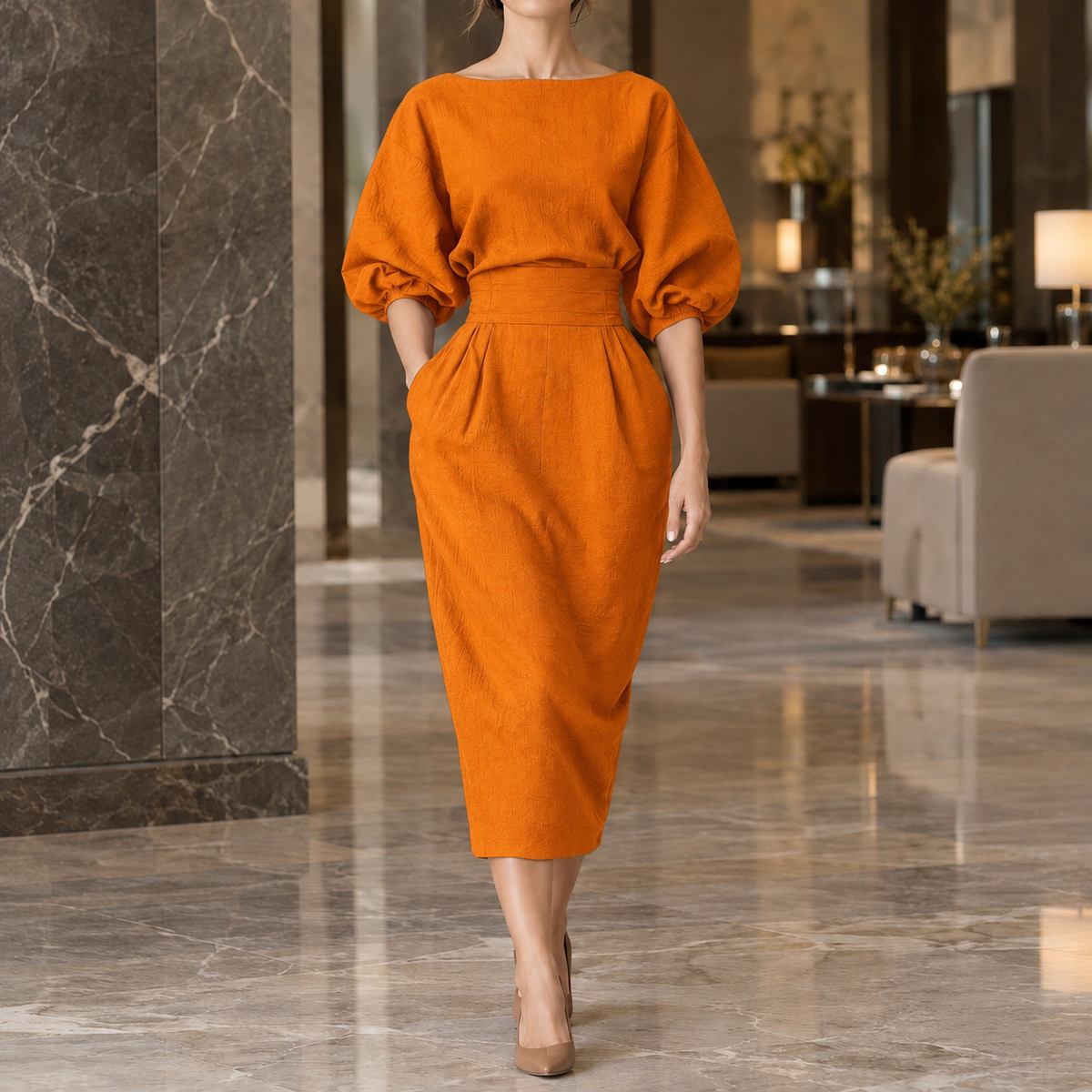 Ameline Bateau Midi Dress - Orange