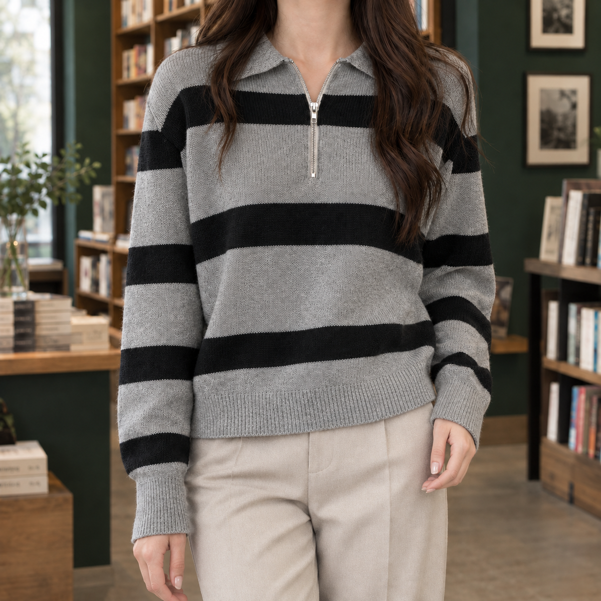 Whitney Zip Collar Sweater - Gray
