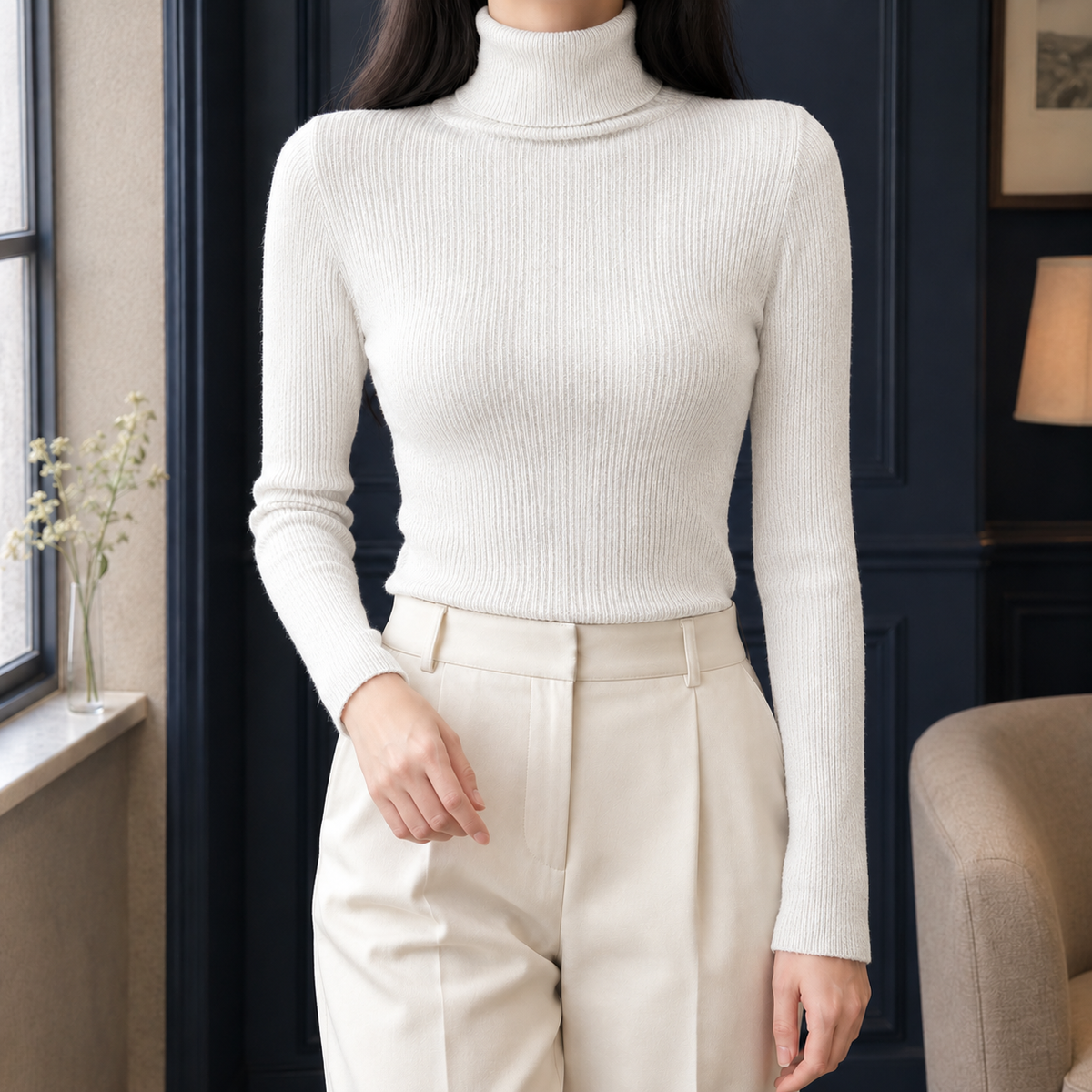 Bella Ribbed Turtleneck Top - White