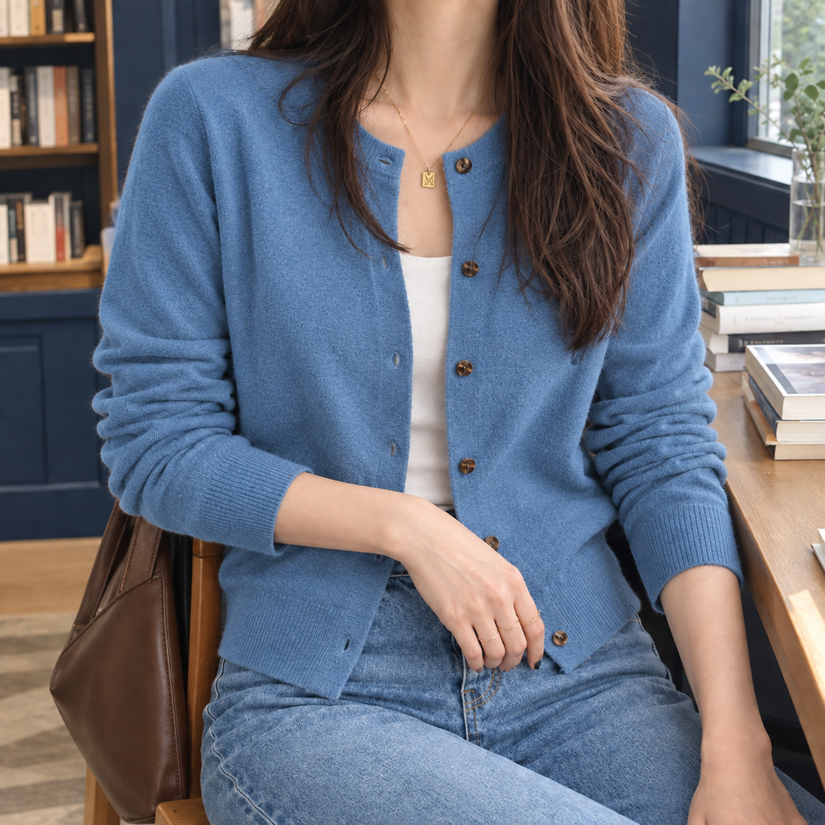 Amelia Crew Neck Cardigan - Blue