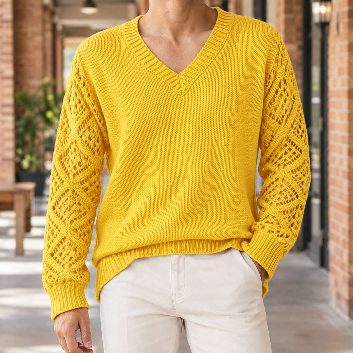Francis Openwork Sleeve Sweater - Yellow