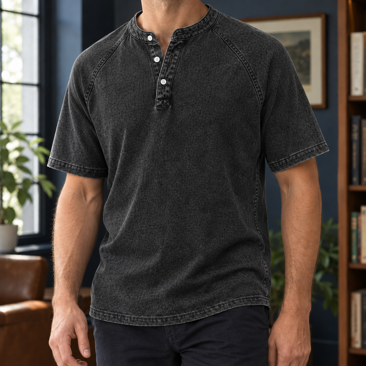 Armand Washed Henley - Black