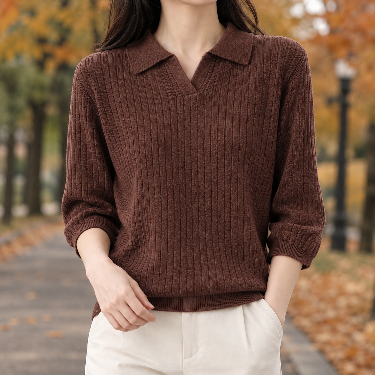 Cecilia-Grace Polo Collar Sweater - Coffee