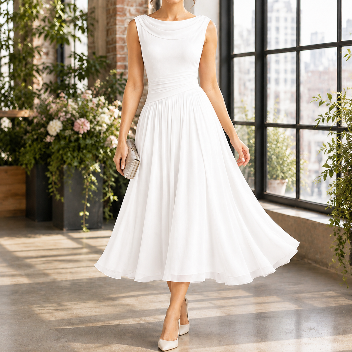 Gabriella Draped Midi Dress - White