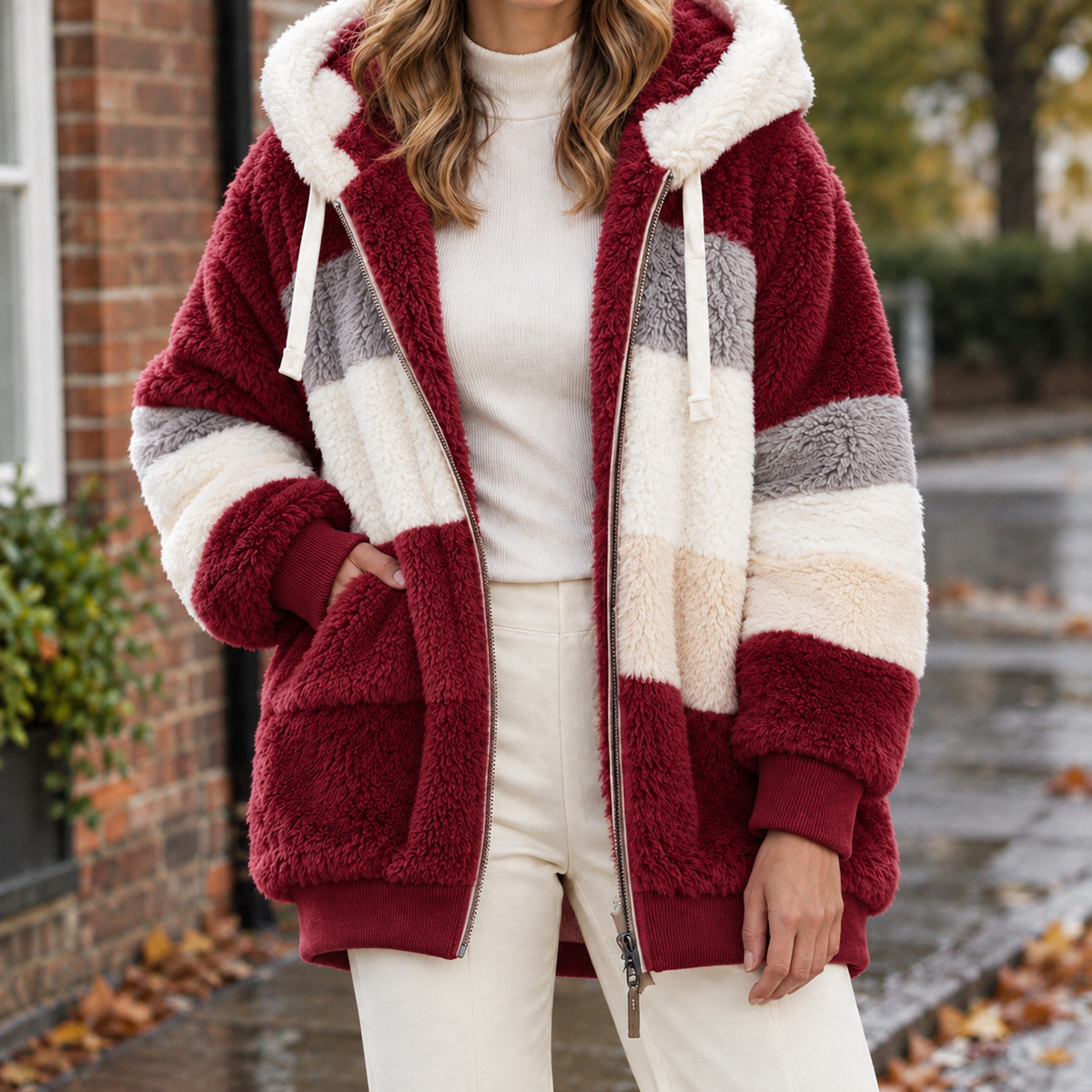 Letitia Colorblock Teddy Jacket - Wine Red