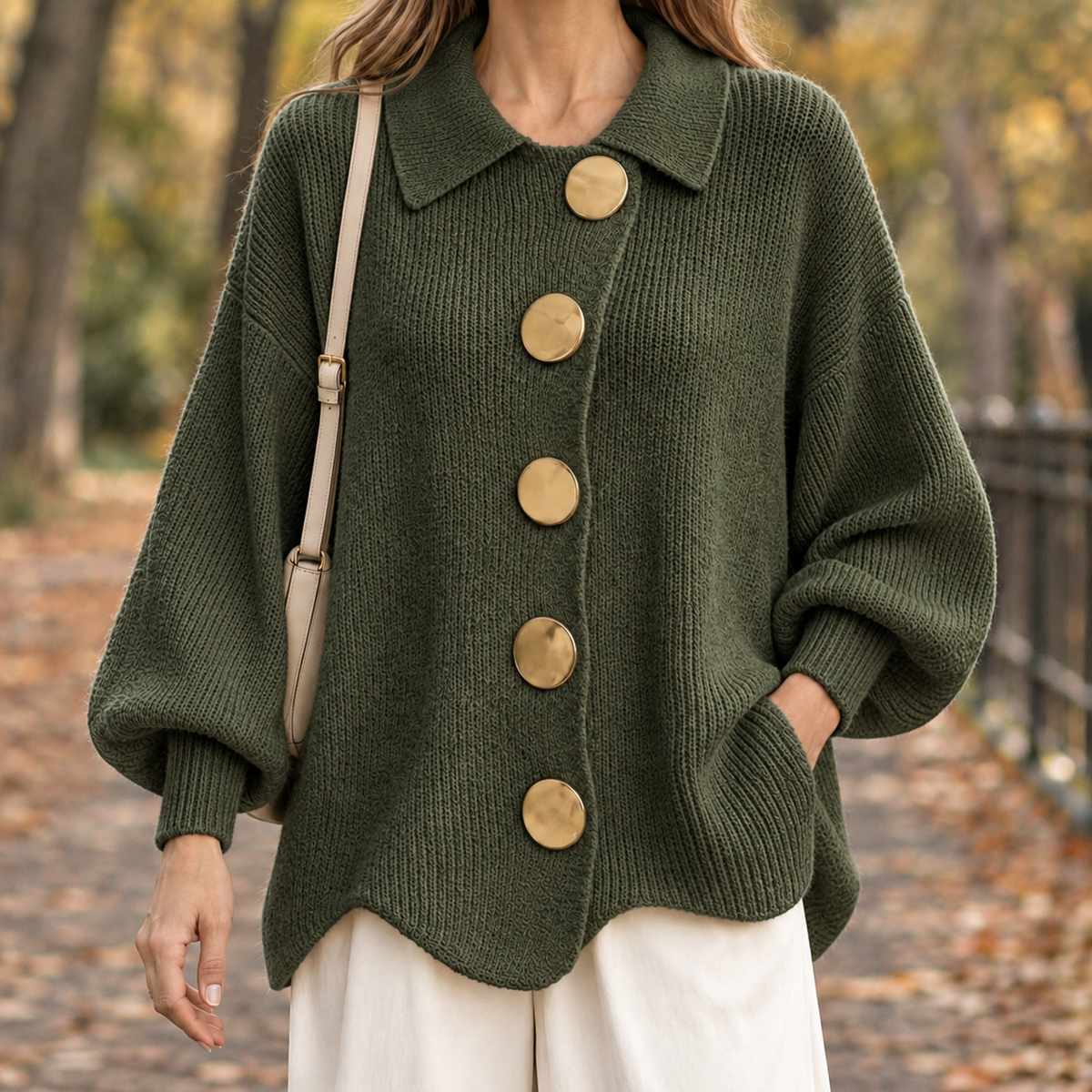Gwendolyn-Lane Button Front Cardigan - Dark Green