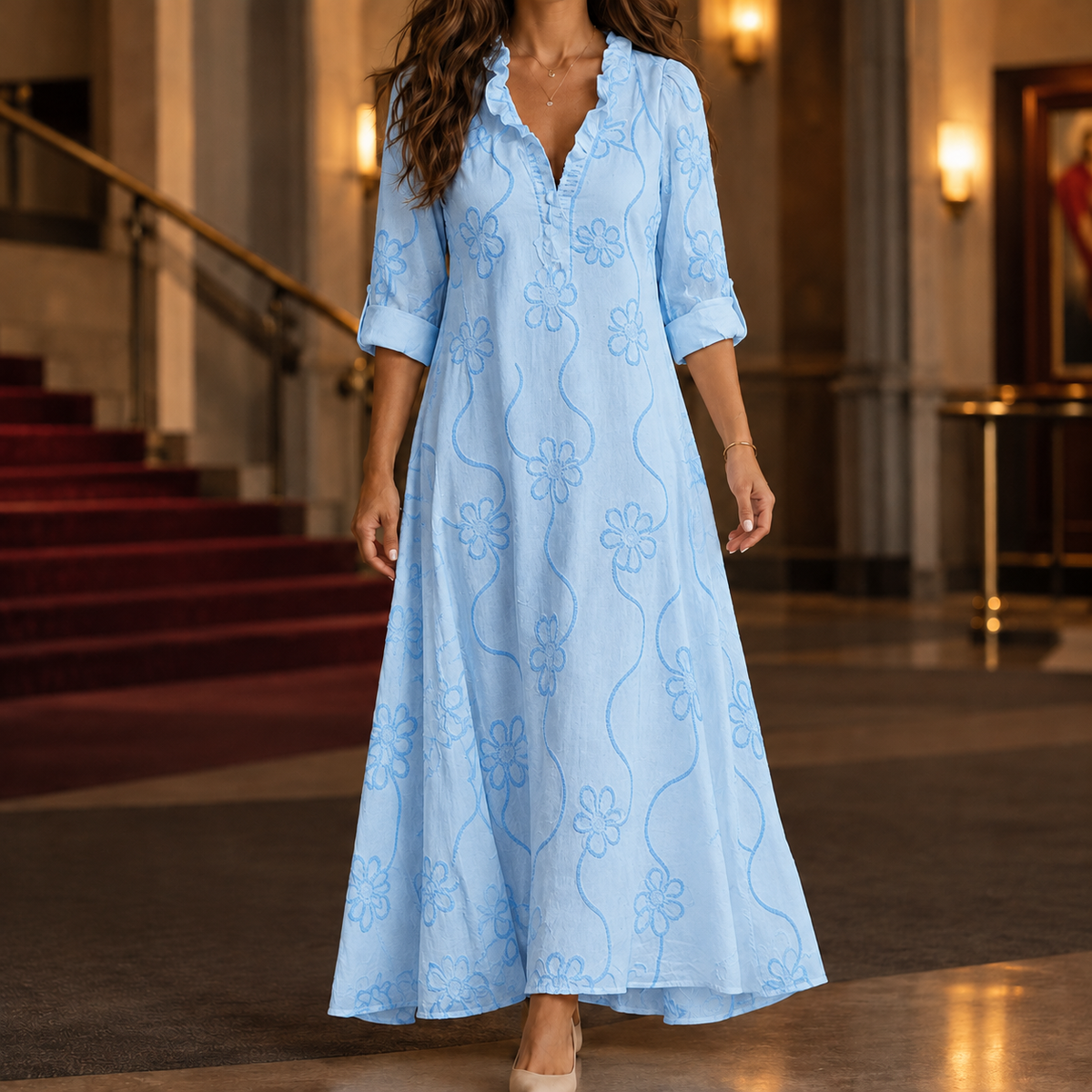 Dahlia-Sage Embroidered Maxi Dress - Sky Blue