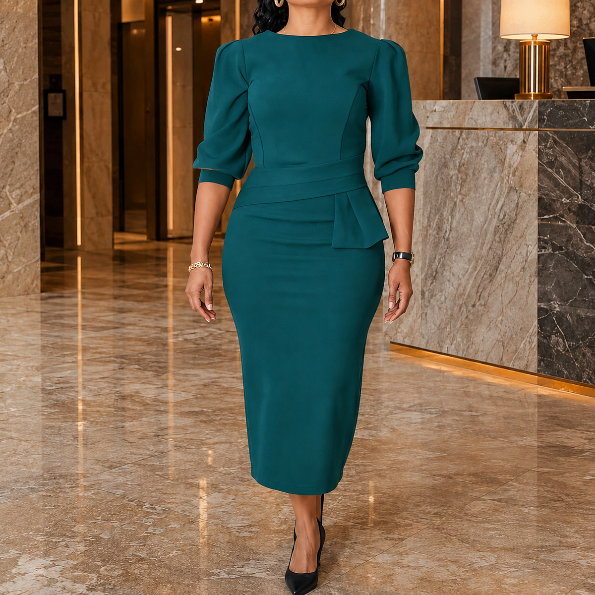 Nadia Peplum Dress - Peacock Blue