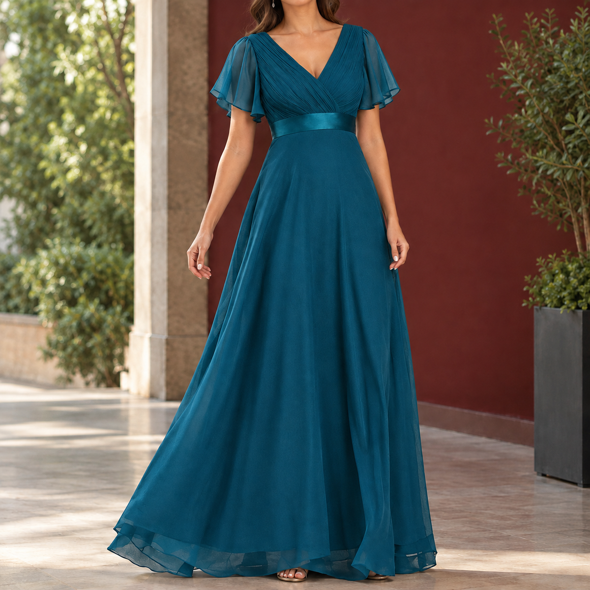 Nadine-Jade Empire Waist Dress - Peacock Blue