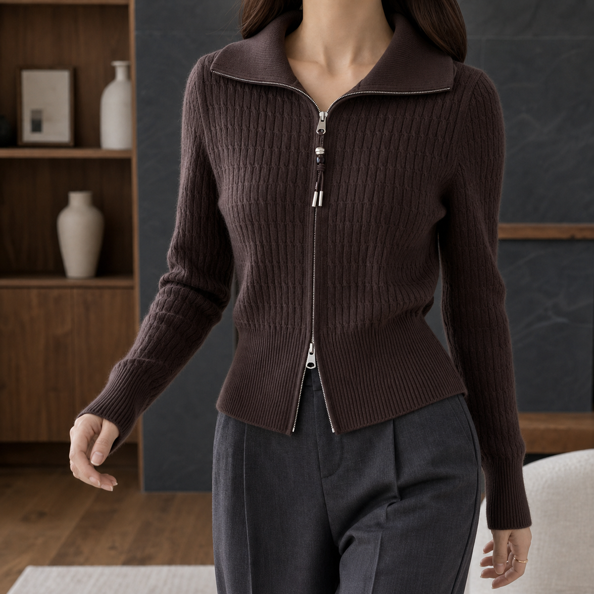 Sadie Cable Knit Cardigan - Coffee
