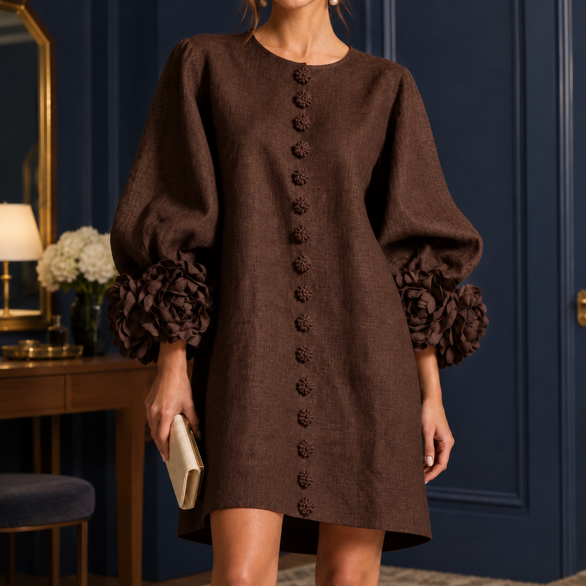 Rachel-Rose Floral Cuff Dress - Dark Brown