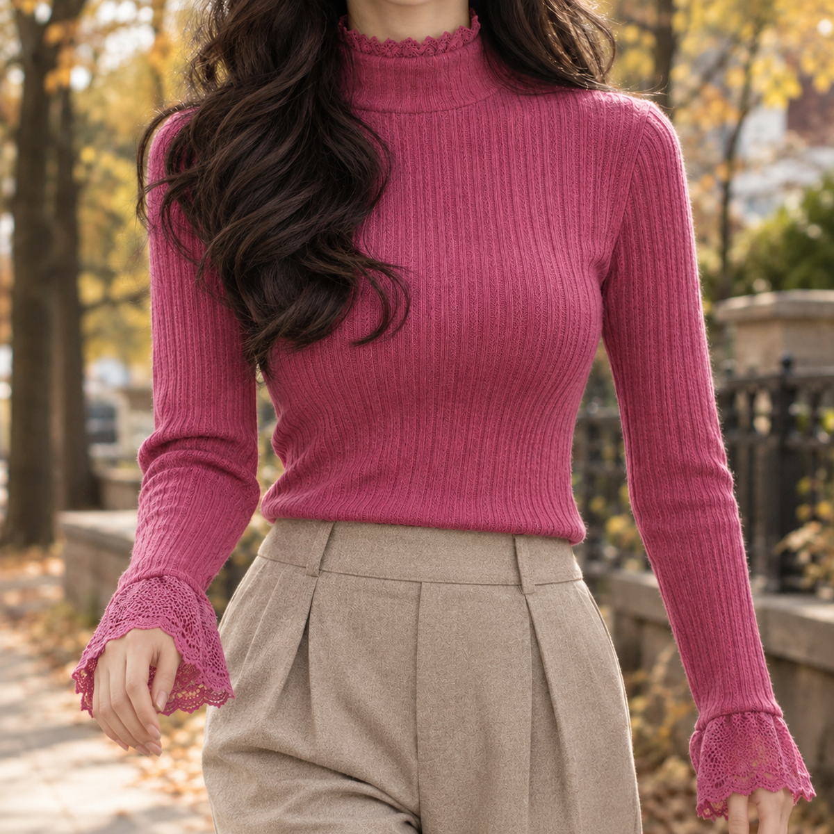 Xenia-Sage Lace Trim Sweater - Rose Red