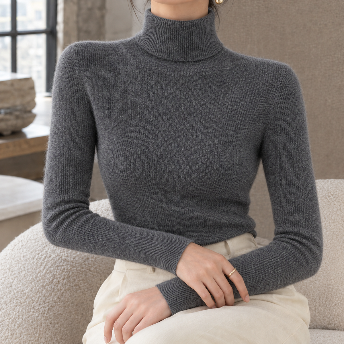 Gloria Fitted Turtleneck Sweater - Gray