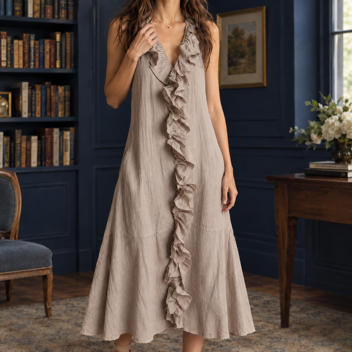 Ghislaine Ruffle Midi Dress - Light Brown
