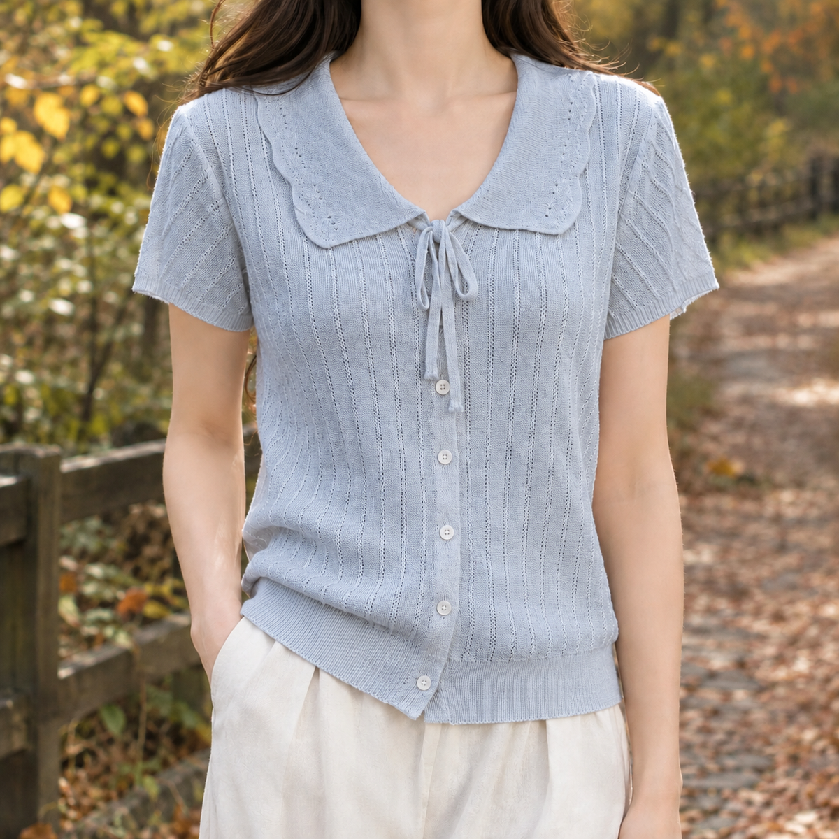 Stella-Marie Scalloped Collar Cardigan - Blue
