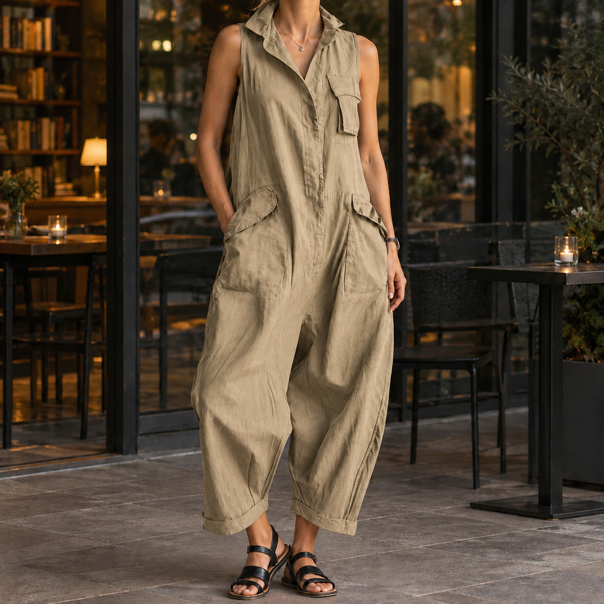 Crystal Wide Leg Jumpsuit - Khaki