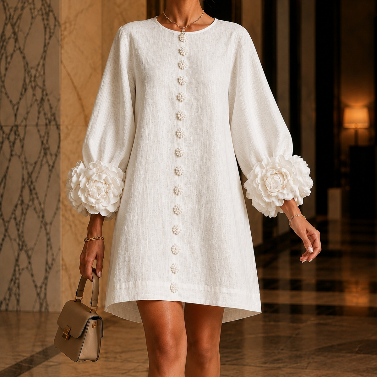Portia Floral Cuff Dress - White