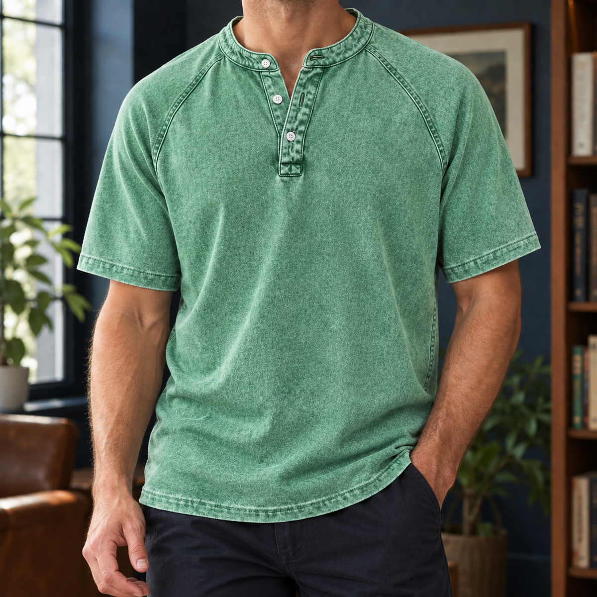 Armand Washed Henley - Green