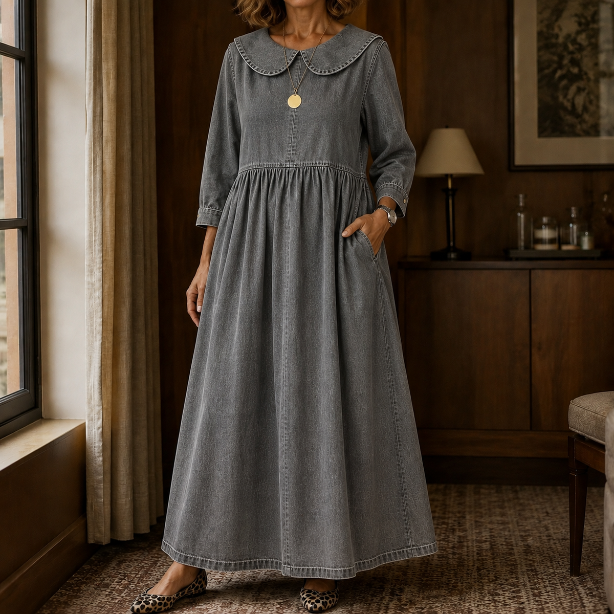 Natalia Peter Pan Dress - Gray