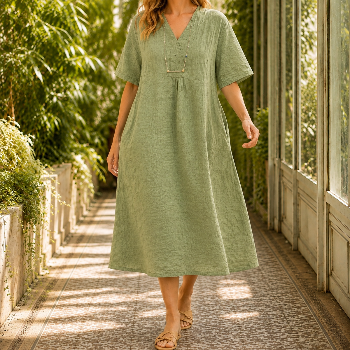 Honora Crinkle Midi Dress - Green