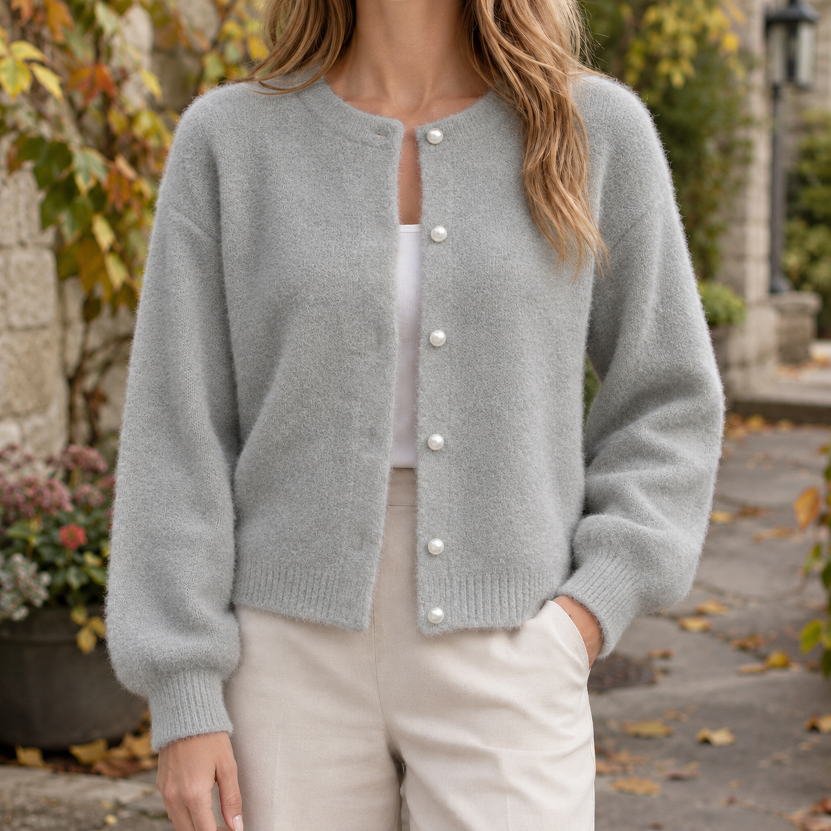 Brooke-Elise Pearl Button Cardigan - Gray