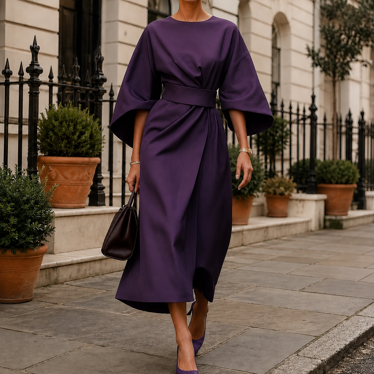 Juliet Belted Midi Dress - Purple