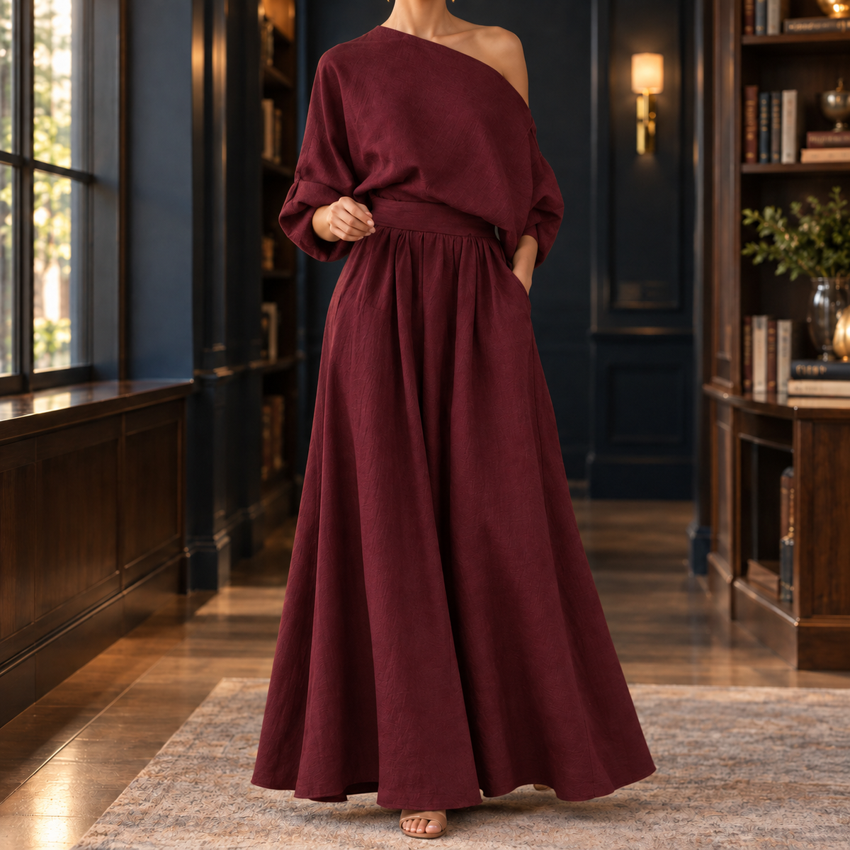 Leah Off-Shoulder Set - Wine Red