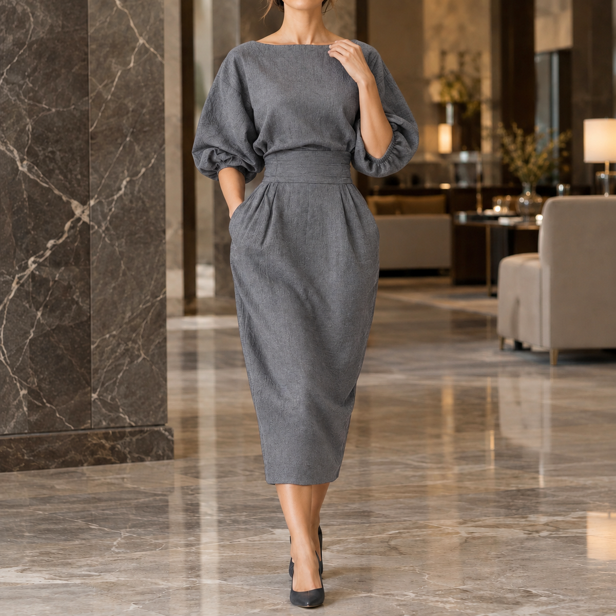 Ameline Bateau Midi Dress - Gray