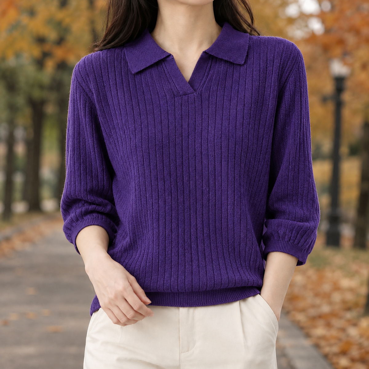 Cecilia-Grace Polo Collar Sweater - Purple