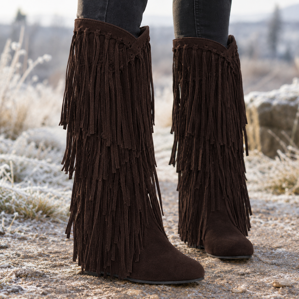 Olivetti Fringe Boots - Dark Brown