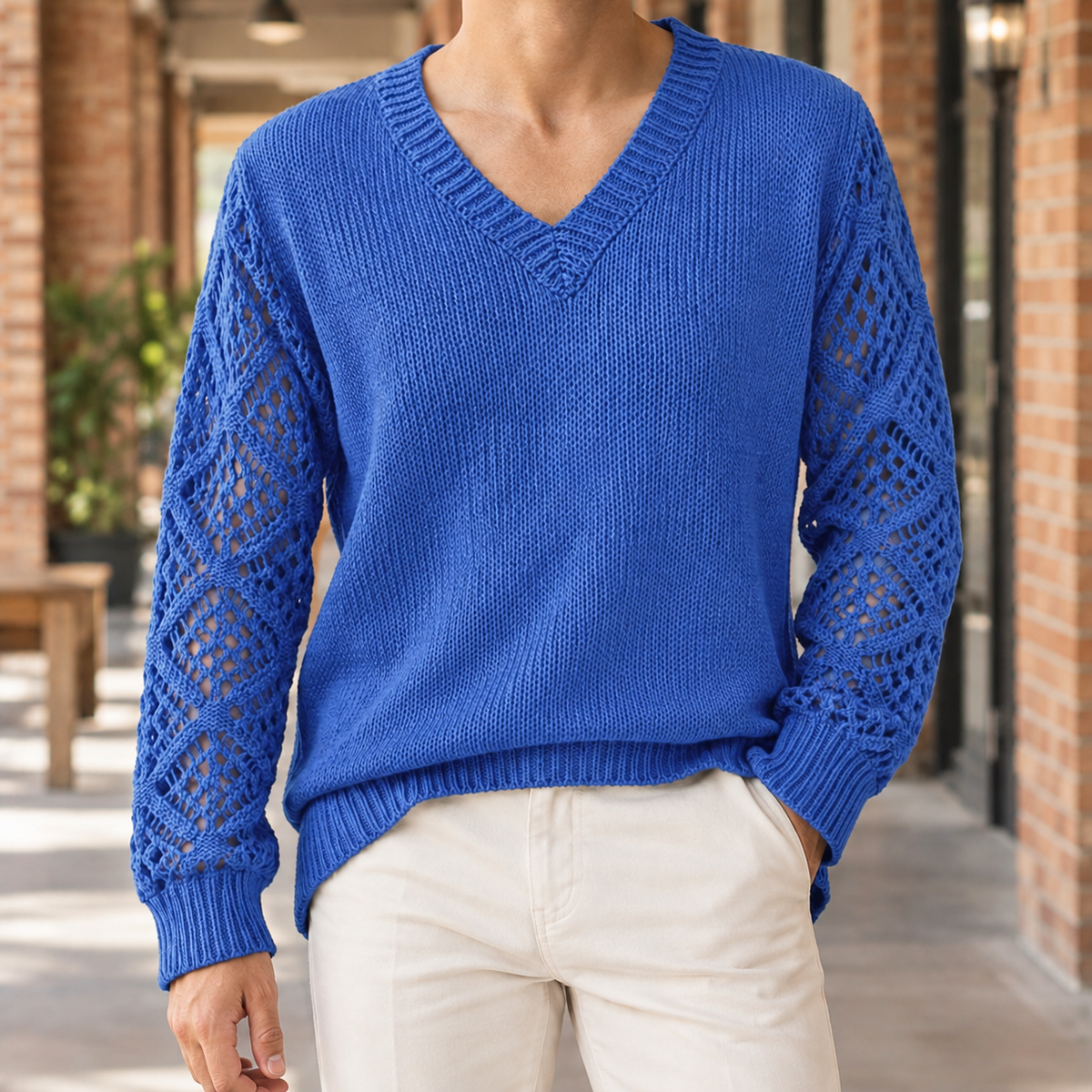 Francis Openwork Sleeve Sweater - Blue