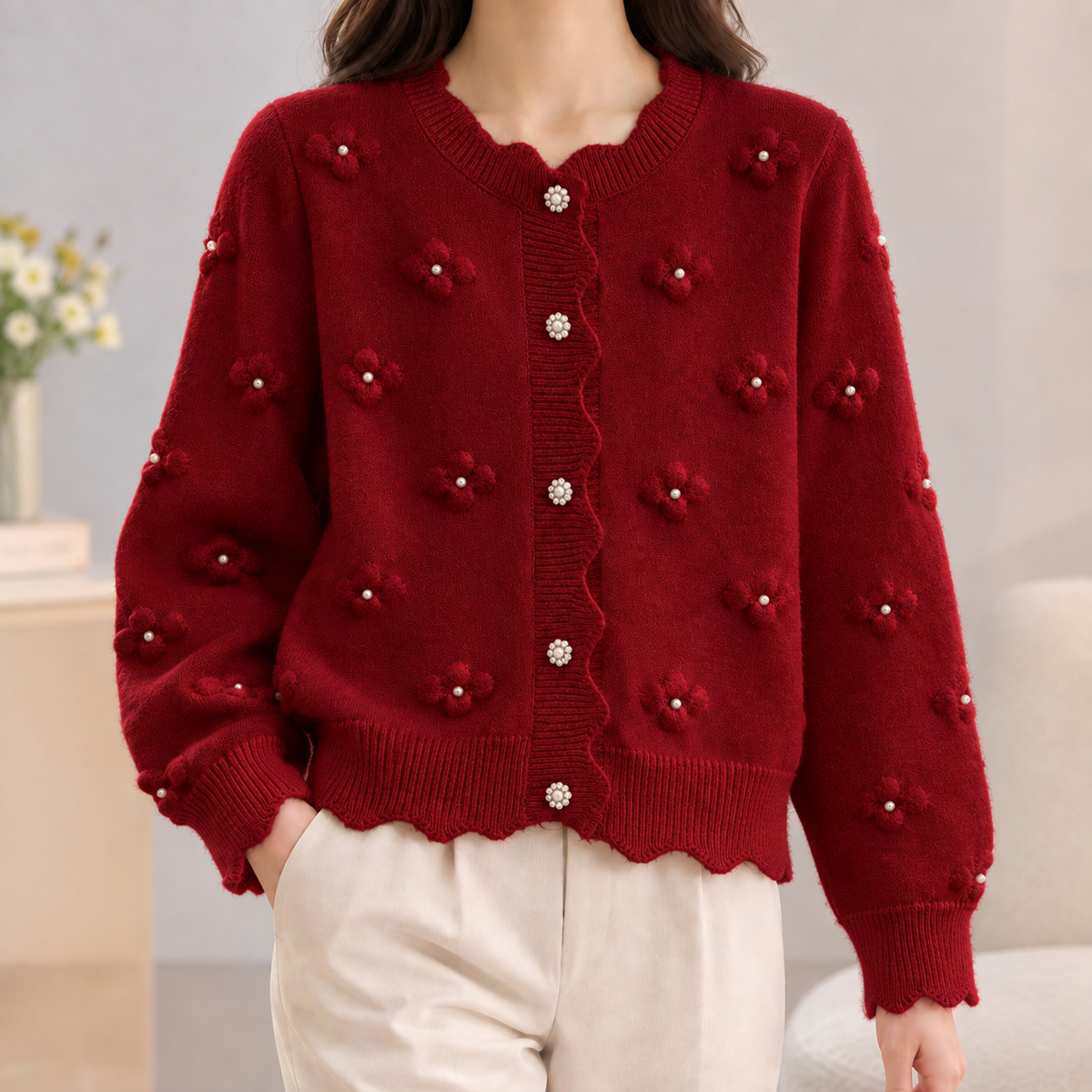 Joanna Cashmere Cardigan - Wine Red