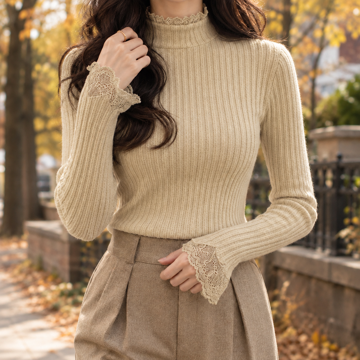 Xenia-Sage Lace Trim Sweater - Khaki