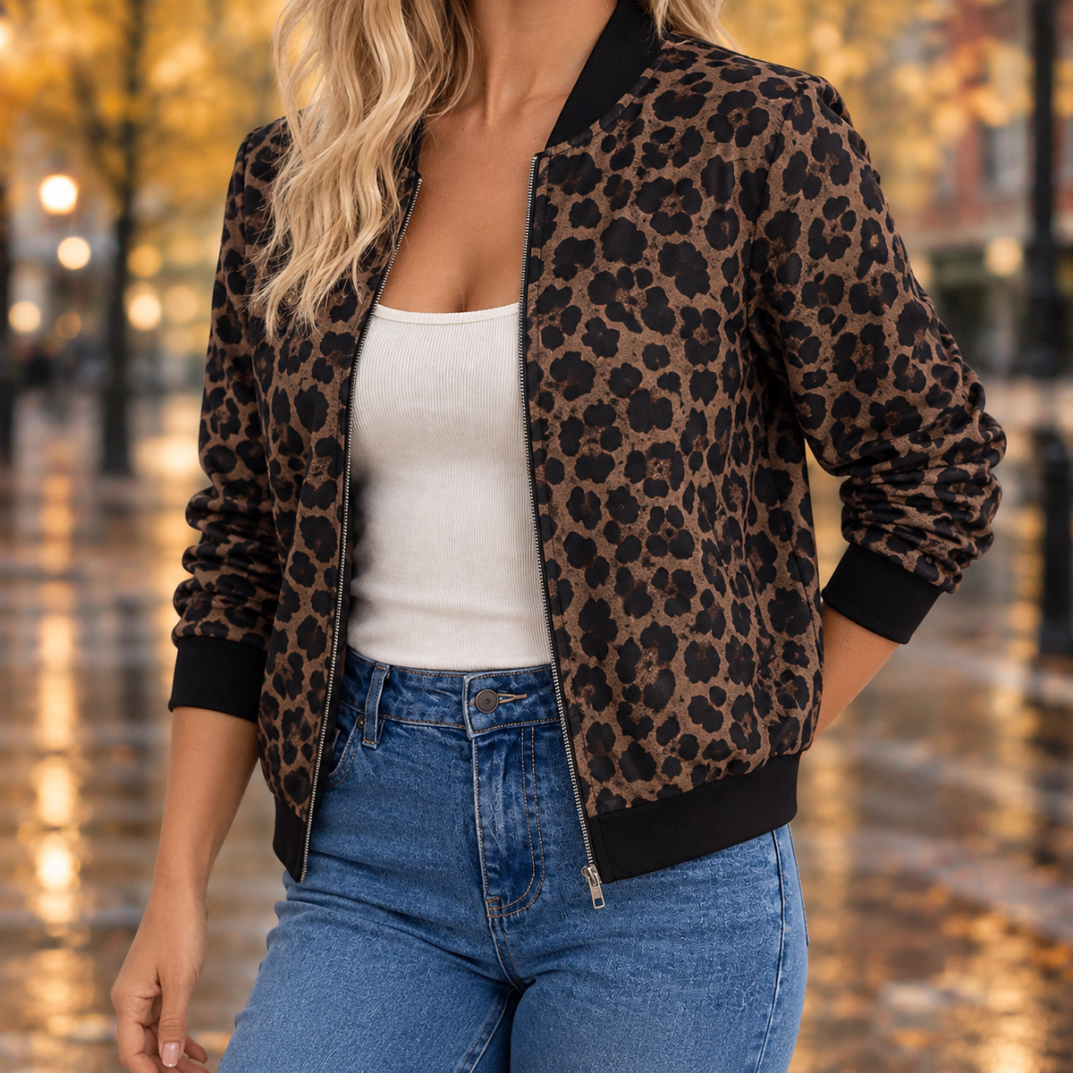 Sienna-Rose Metallic Bomber Jacket - Leopard Print